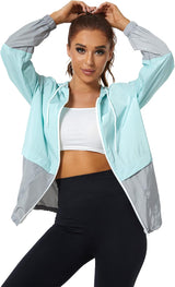 Women Casual Waterproof Outdoor Windbreaker Lightweight Packable Color Block Rain Jackets