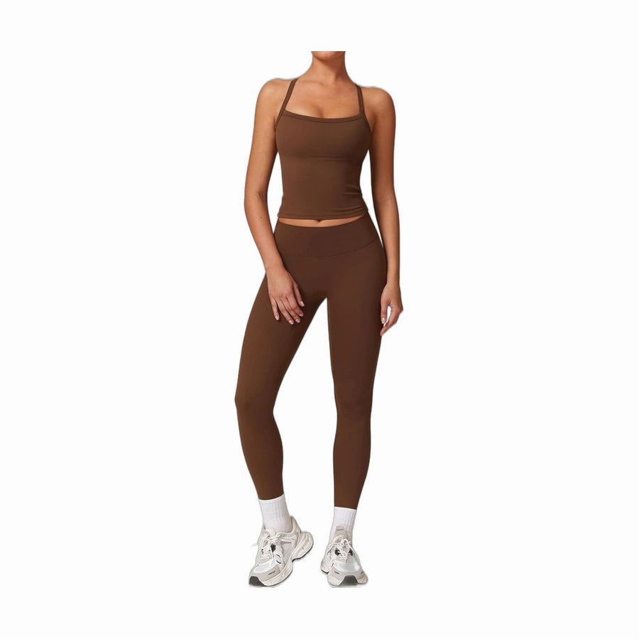 Womens Workout Sets Two Piece Cross Back Tank Top Matching High Waist Leggings Sets Gym Outfits Work Out Clothes
