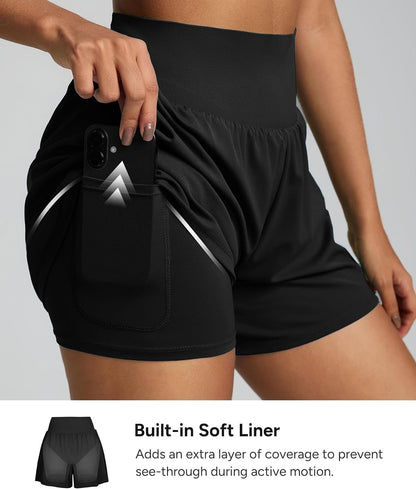aero 3.5" Women'S Athletic Running Shorts 2 in 1 High Waisted Pockets Workout Gym Sport Shorts