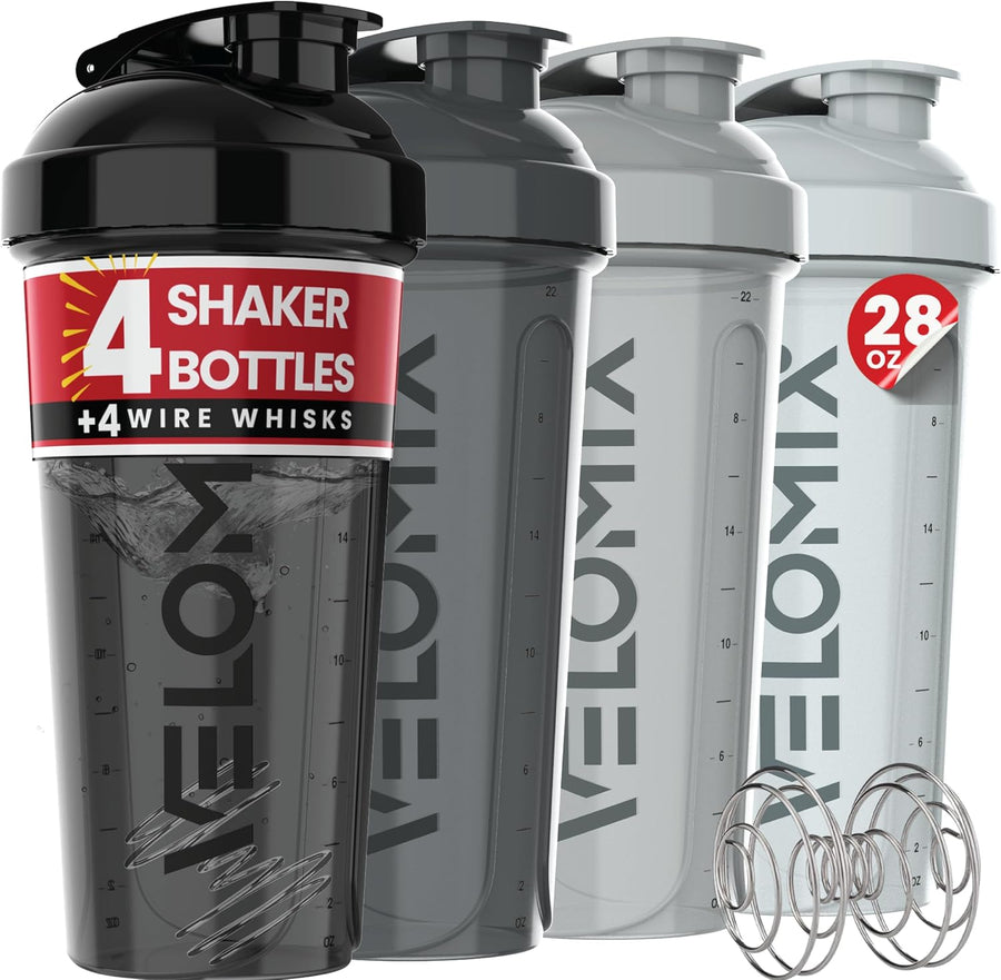 -4 Pack- 28 Oz Protein Shaker Bottles for Protein Mixes - 4X Wire Whisk | Leak Proof Shaker Cups for Protein Shakes | Stackable Protein Shaker Bottle Pack (A1) Silver Aurora