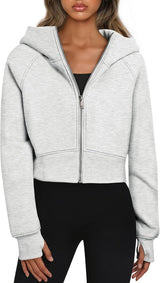 Womens Zip up Sweatshirt Cropped Fleece Jacket with Thumb Holes Crop Top Long Sleeve Zipper Hoodie