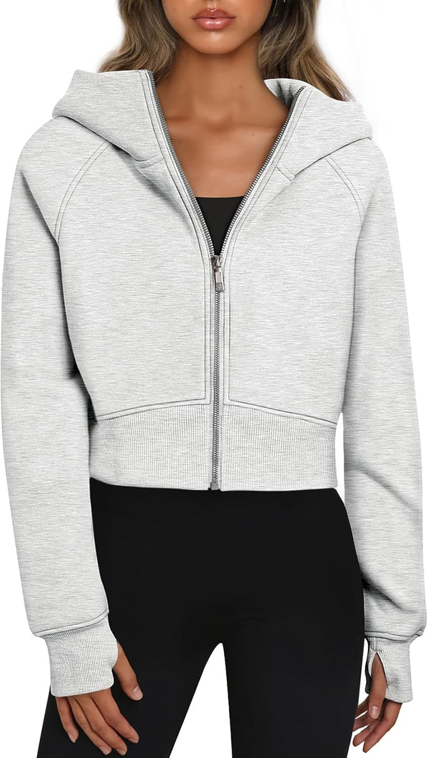 Womens Zip up Sweatshirt Cropped Fleece Jacket with Thumb Holes Crop Top Long Sleeve Zipper Hoodie