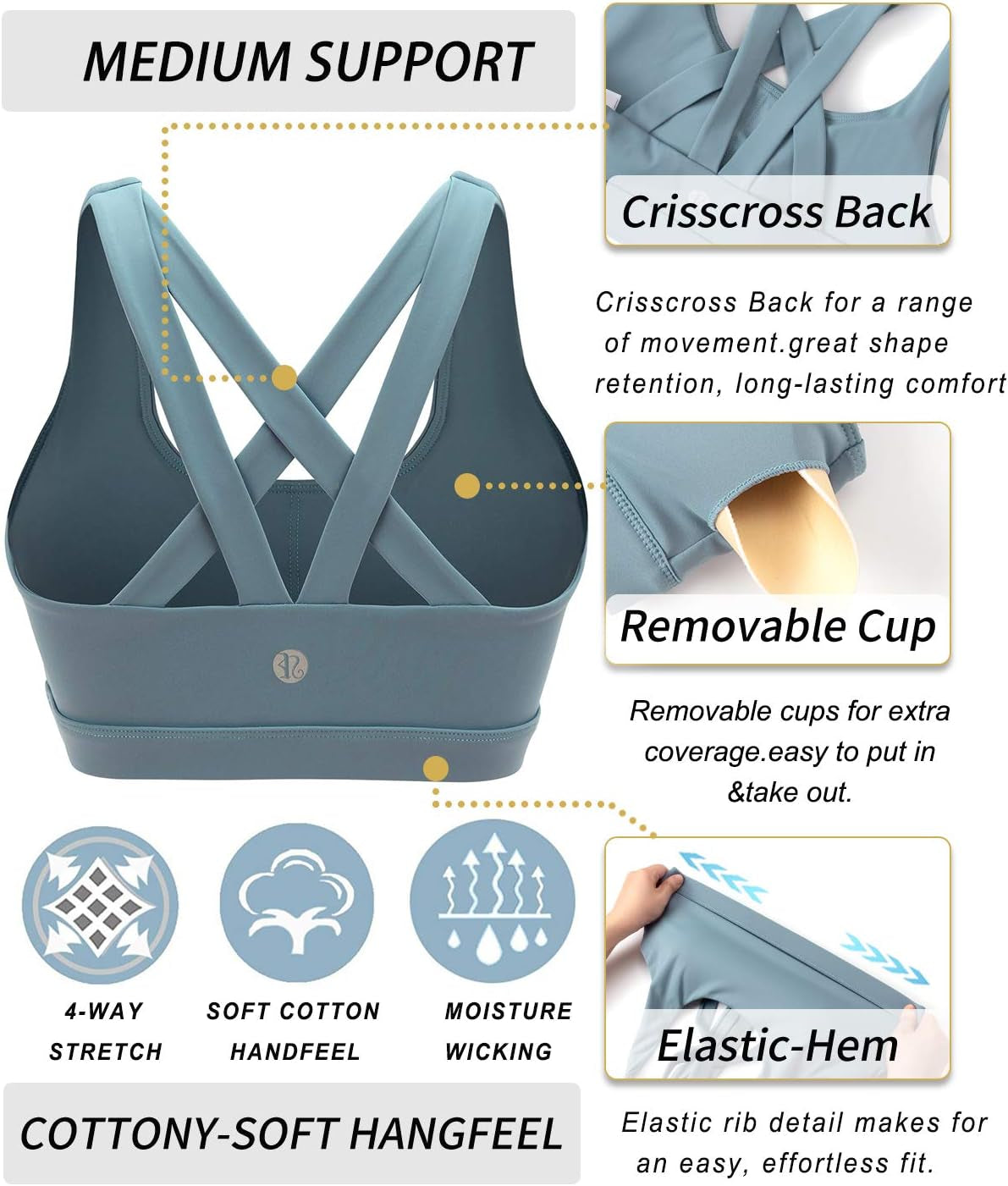 Sports Bras for Women,Padded Strappy Sports Bras Criss-Cross Back Medium Support Sports Bras with Removable Cups