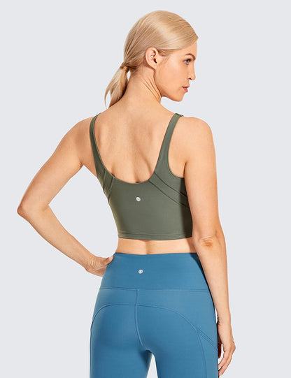 Womens V Neck Workout Tank Tops with Built in Bras - Cropped Padded Athletic Longline Sports Bra