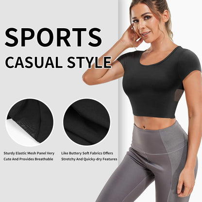 Women'S Slim Fit Workout Tops Mesh Back Yoga Crop Tops Short Sleeve Athletic Gym Fitness Shirt with Built in Bra (Black, Small)