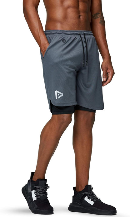 Men'S 2 in 1 Running Shorts Gym Workout Quick Dry Mens Shorts with Phone Pocket