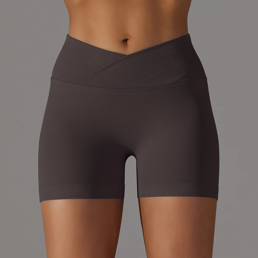 Crossover Waist Women Sport Shorts Yoga Shorts Gym Workout Running High Waist Yoga Shorts Push up Hip Seamless Fitness Shorts