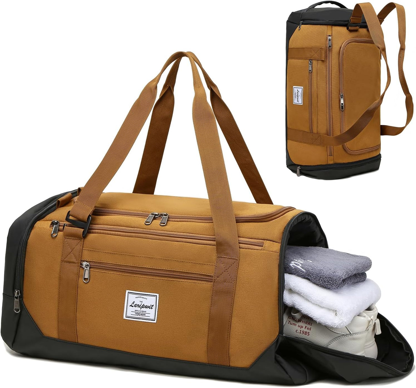 Gym Bags for Men, 40L Medium Sports Travel Duffel Bag with Shoe Compartment & Wet Pocket Lightweight Gym Duffle Bag Backpack Multipurpose Weekender Overnight Backpack for Women, Brown