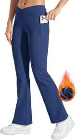 Women'S Fleece Lined Pants Yoga Crossover Leggings Bootcut Thermal Winter Pants Flare Leggings Water Resistant
