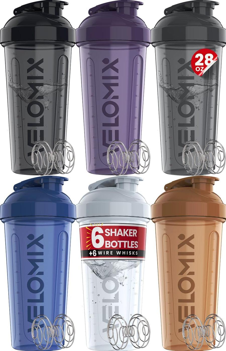 -6 PACK- 28 Oz Protein Shaker Bottle for Protein Mixes - 6X Wire Whisk | Leak Proof Shaker Cups for Protein Shakes | Protein Shaker Bottle Pack | Protein Shake Cup (Elemental Mix)