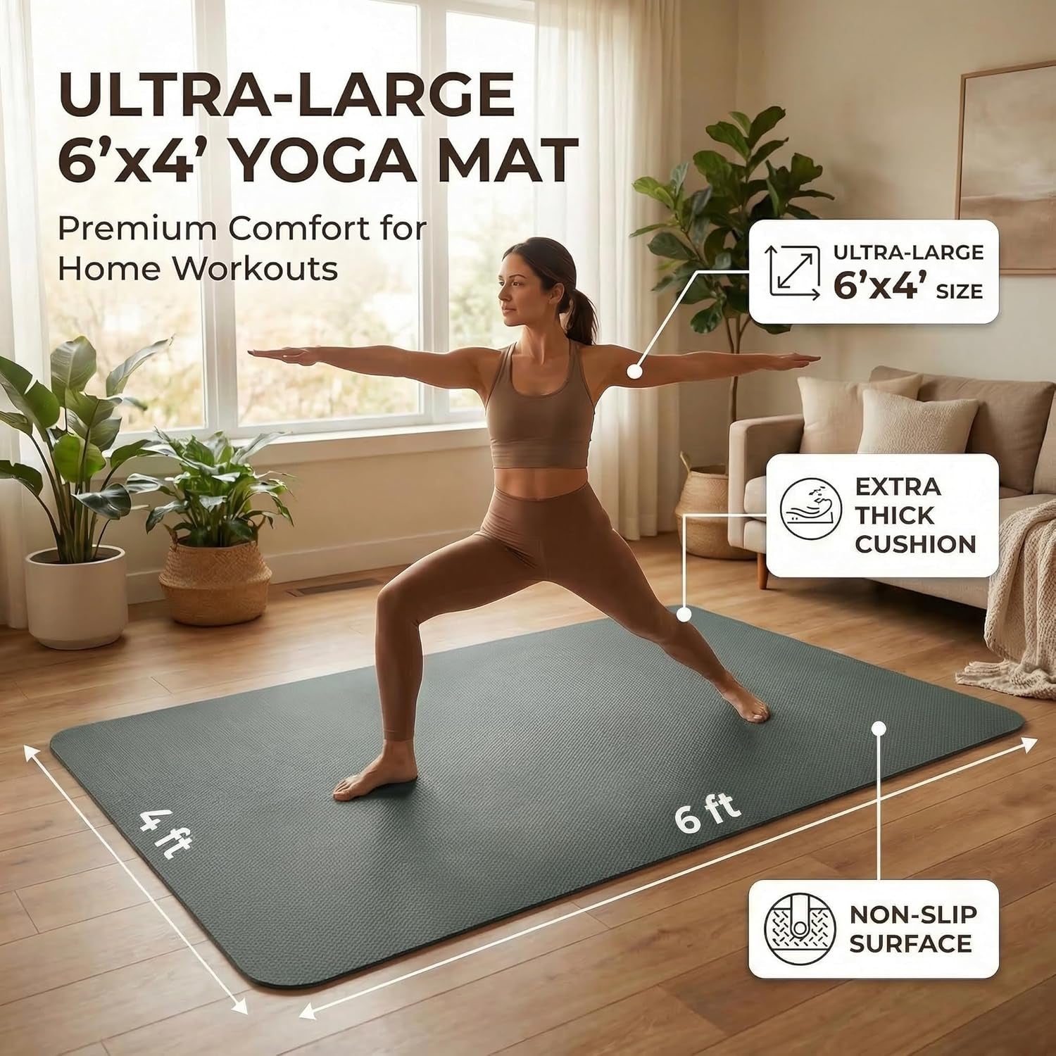 Large Yoga Mat 6'X 4'（72”X 48”）—1/4" &1/3" Extra Wide Exercise Mat 183Cm X 122Cm Large Exercise Mat Big Home Yoga Mat Pilates Mat,Non Slip,Thick,Tpe Workout Mat,For Women & Men, Yoga, Pilates, Gym and Floor Workouts Pilates