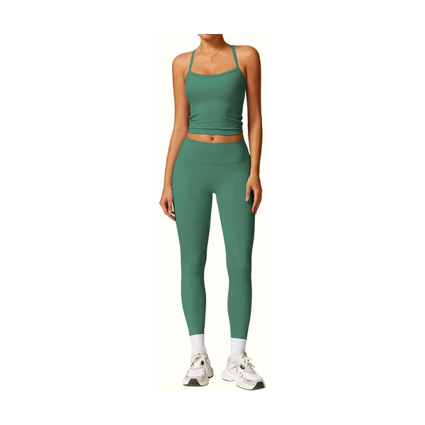 Womens Workout Sets Two Piece Cross Back Tank Top Matching High Waist Leggings Sets Gym Outfits Work Out Clothes