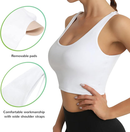 Sports Bra for Women, Longline Padded Strappy Sports Bras Medium Support Yoga Gym Running Workout Crop Tank Tops