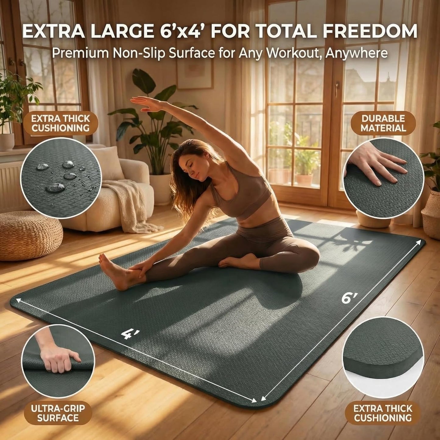 Large Yoga Mat 6'X 4'（72”X 48”）—1/4" &1/3" Extra Wide Exercise Mat 183Cm X 122Cm Large Exercise Mat Big Home Yoga Mat Pilates Mat,Non Slip,Thick,Tpe Workout Mat,For Women & Men, Yoga, Pilates, Gym and Floor Workouts Pilates