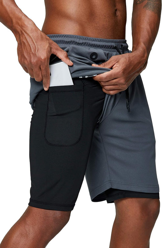 Men'S 2 in 1 Running Shorts Gym Workout Quick Dry Mens Shorts with Phone Pocket