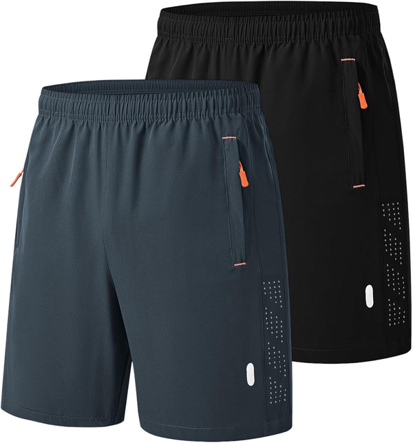 2 Pack Men'S Sport Shorts Pack Zip Pockets Gym Training Jogging Shorts for Men Athletic Lightweight Elastic Waist