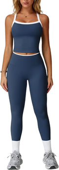 Womens Workout Sets Two Piece Cross Back Tank Top Matching High Waist Leggings Sets Gym Outfits Work Out Clothes
