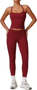 Womens Workout Sets Two Piece Cross Back Tank Top Matching High Waist Leggings Sets Gym Outfits Work Out Clothes