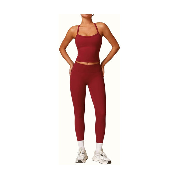 Womens Workout Sets Two Piece Cross Back Tank Top Matching High Waist Leggings Sets Gym Outfits Work Out Clothes