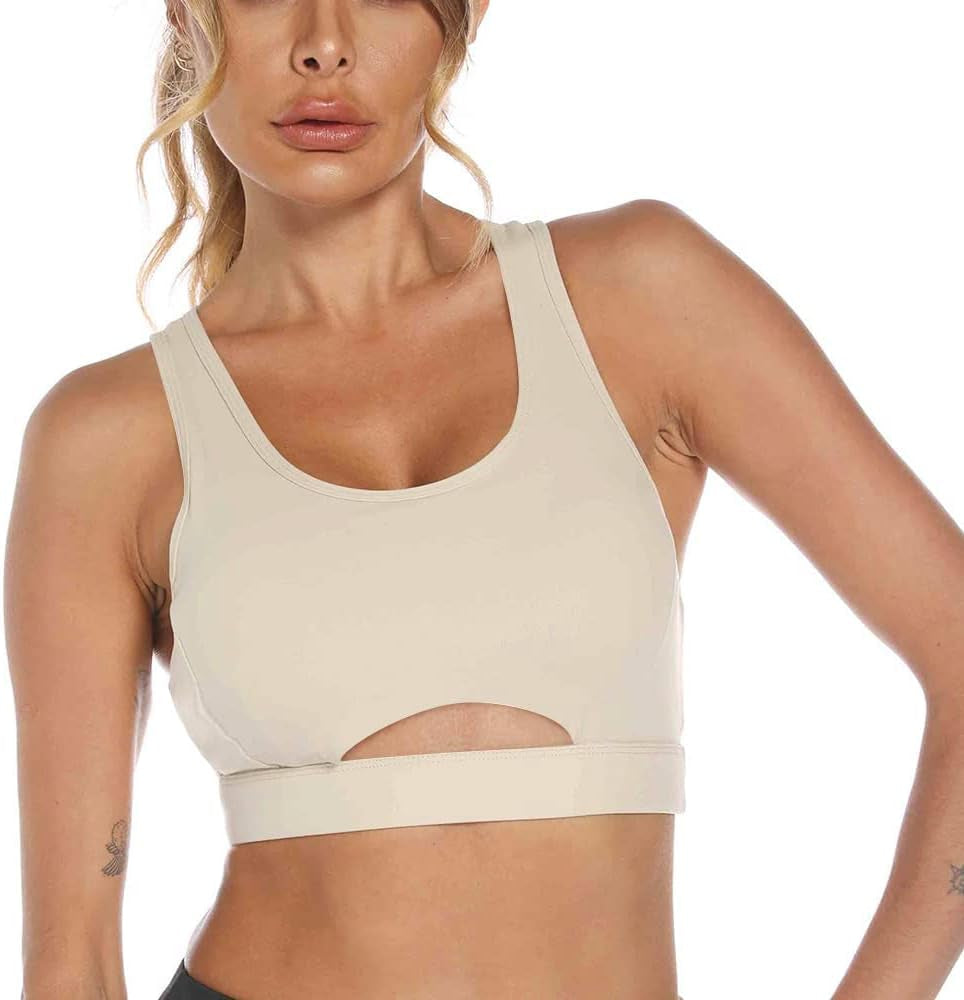 Sports Bras for Women High Impact Sports Bra - Removable Padded Yoga Racerback Bra Workout Crop Tops Beige