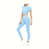 2 Piece Short Sleeve Outfits for Women Seamless Crop Tops Set for Women Workout Set
