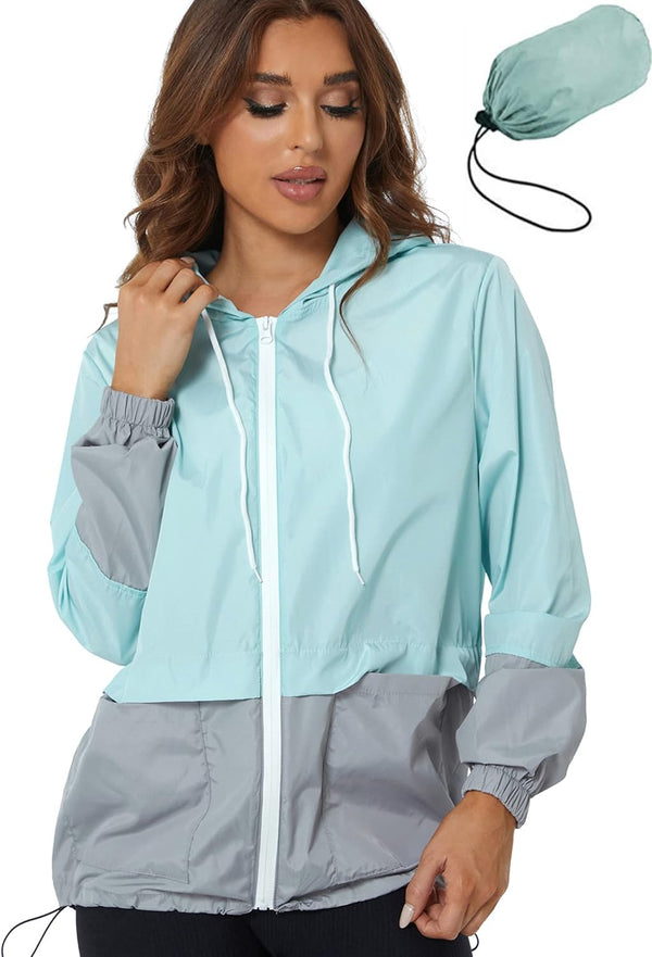 Women Casual Waterproof Outdoor Windbreaker Lightweight Packable Color Block Rain Jackets