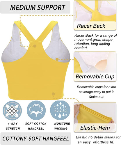 Longline Sports Bra for Women, Crop Tank Top Wirefree Padded Workout Running Shirts Yoga Bras(Wx2741_Yellow_S)