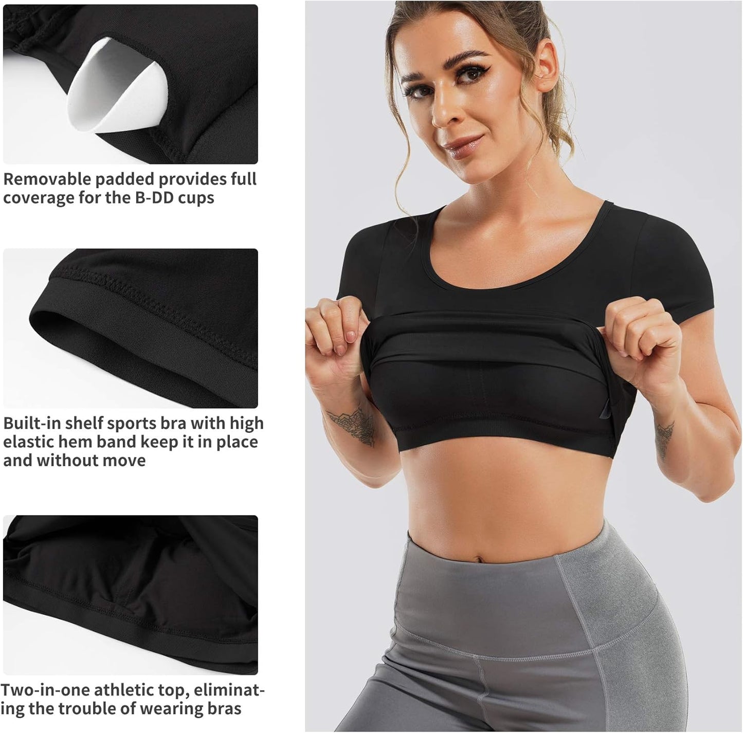 Women'S Slim Fit Workout Tops Mesh Back Yoga Crop Tops Short Sleeve Athletic Gym Fitness Shirt with Built in Bra (Black, Small)