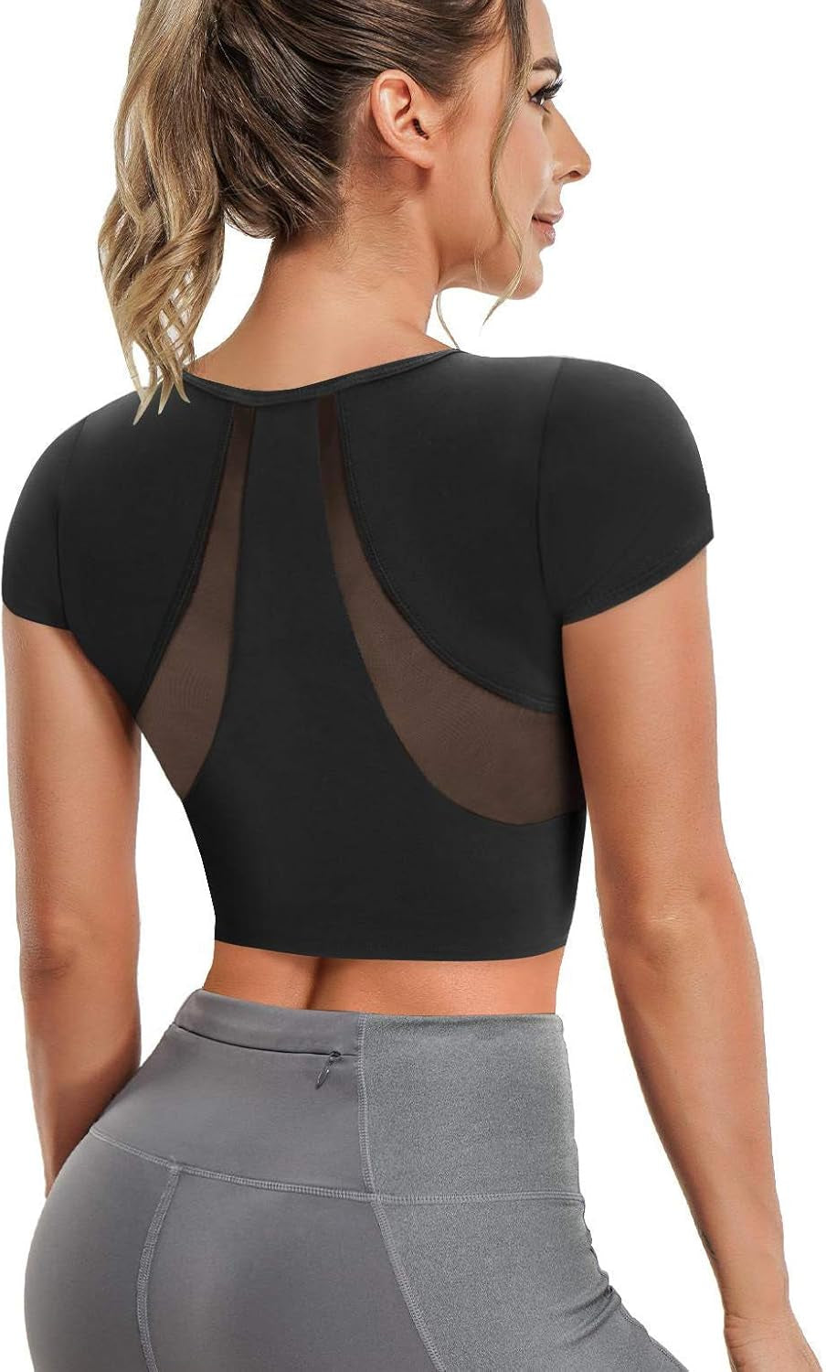 Women'S Slim Fit Workout Tops Mesh Back Yoga Crop Tops Short Sleeve Athletic Gym Fitness Shirt with Built in Bra (Black, Small)