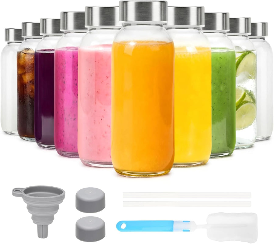 12 Oz Glass Juice Bottles with Lids, 10 Pack Reusable Glass Water Bottles with Stainless Steel Caps & Straws, Leak-Proof & Bpa-Free Containers for Juicing, Smoothies, Iced Tea, Wellness Drinks