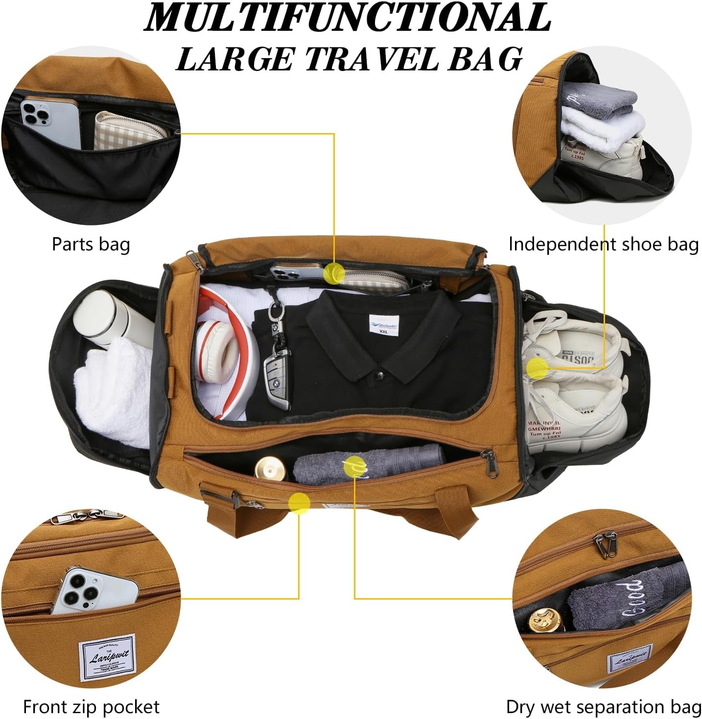 Gym Bags for Men, 40L Medium Sports Travel Duffel Bag with Shoe Compartment & Wet Pocket Lightweight Gym Duffle Bag Backpack Multipurpose Weekender Overnight Backpack for Women, Brown