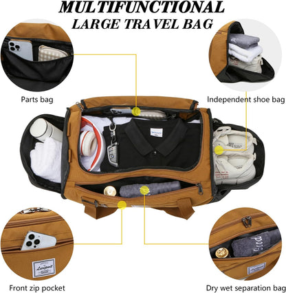 Gym Bags for Men, 40L Medium Sports Travel Duffel Bag with Shoe Compartment & Wet Pocket Lightweight Gym Duffle Bag Backpack Multipurpose Weekender Overnight Backpack for Women, Brown