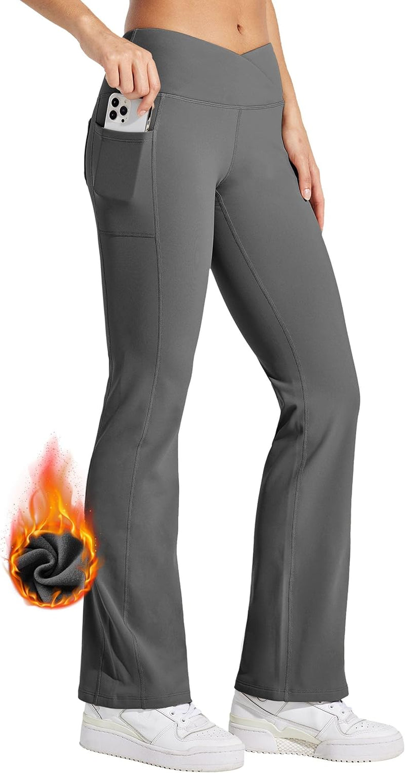 Women'S Fleece Lined Pants Yoga Crossover Leggings Bootcut Thermal Winter Pants Flare Leggings Water Resistant