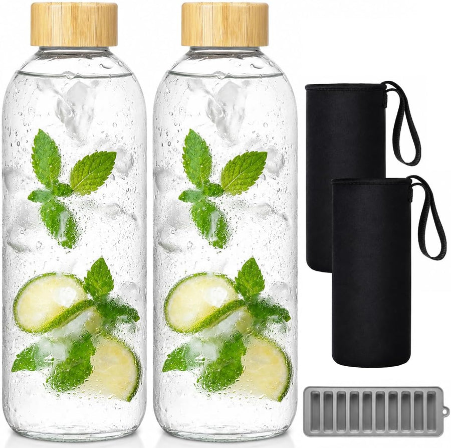 1L High Borosilicate Glass Water Bottles with Bamboo Lids, 2 Pack Glass Juice Bottles, Reusable Drinking Bottles for Hot Cold Drinks, Home, Office, Gym & Outdoors