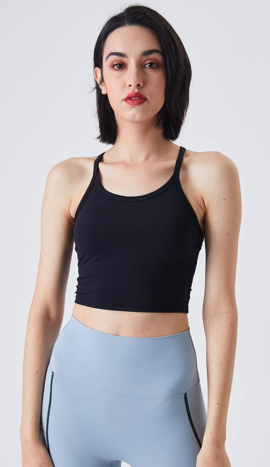 Women'S Longline Spaghetti Racerback Yoga Bra Tank Top Cropped Workout Sports Bras