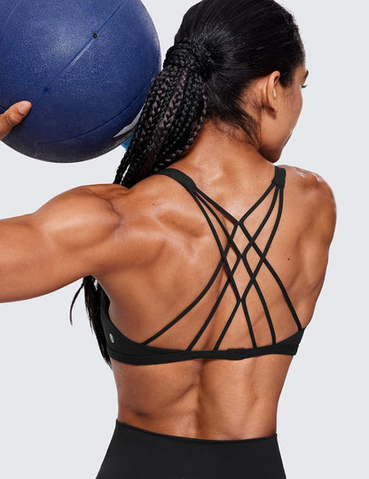 Womens Naked Feeling Criss Cross Sports Bra - Strappy Back Padded Medium Support Wireless Gym Cami Workout Yoga