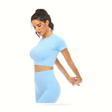 2 Piece Short Sleeve Outfits for Women Seamless Crop Tops Set for Women Workout Set