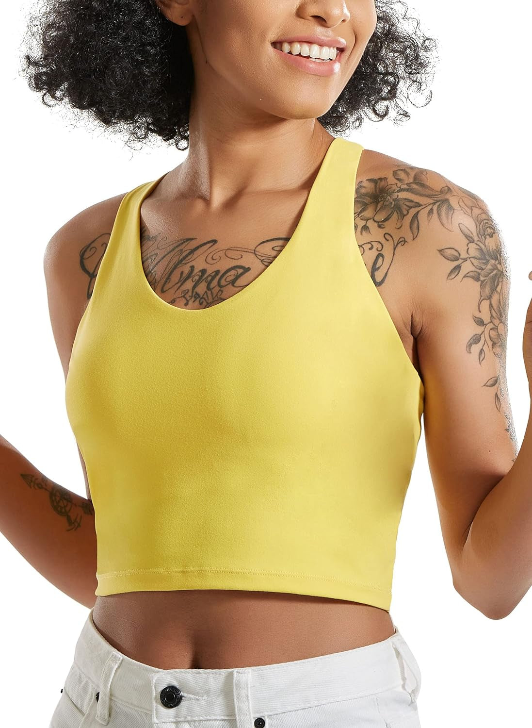 Longline Sports Bra for Women, Crop Tank Top Wirefree Padded Workout Running Shirts Yoga Bras(Wx2741_Yellow_S)