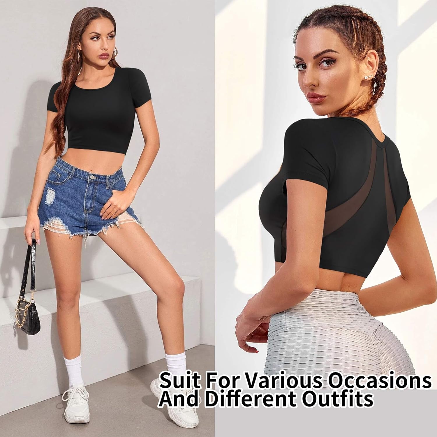 Women'S Slim Fit Workout Tops Mesh Back Yoga Crop Tops Short Sleeve Athletic Gym Fitness Shirt with Built in Bra (Black, Small)