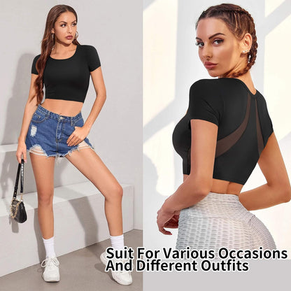 Women'S Slim Fit Workout Tops Mesh Back Yoga Crop Tops Short Sleeve Athletic Gym Fitness Shirt with Built in Bra (Black, Small)