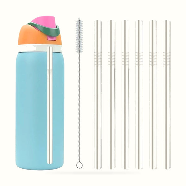 4PCS Reusable Stainless Steel Straws Compatible with Freesip Style Water Bottles, Fits 24Oz & 32Oz Insulated Bottles, Metal Drinking Straws with 2 Cleaning Brushes (21Cm Length)