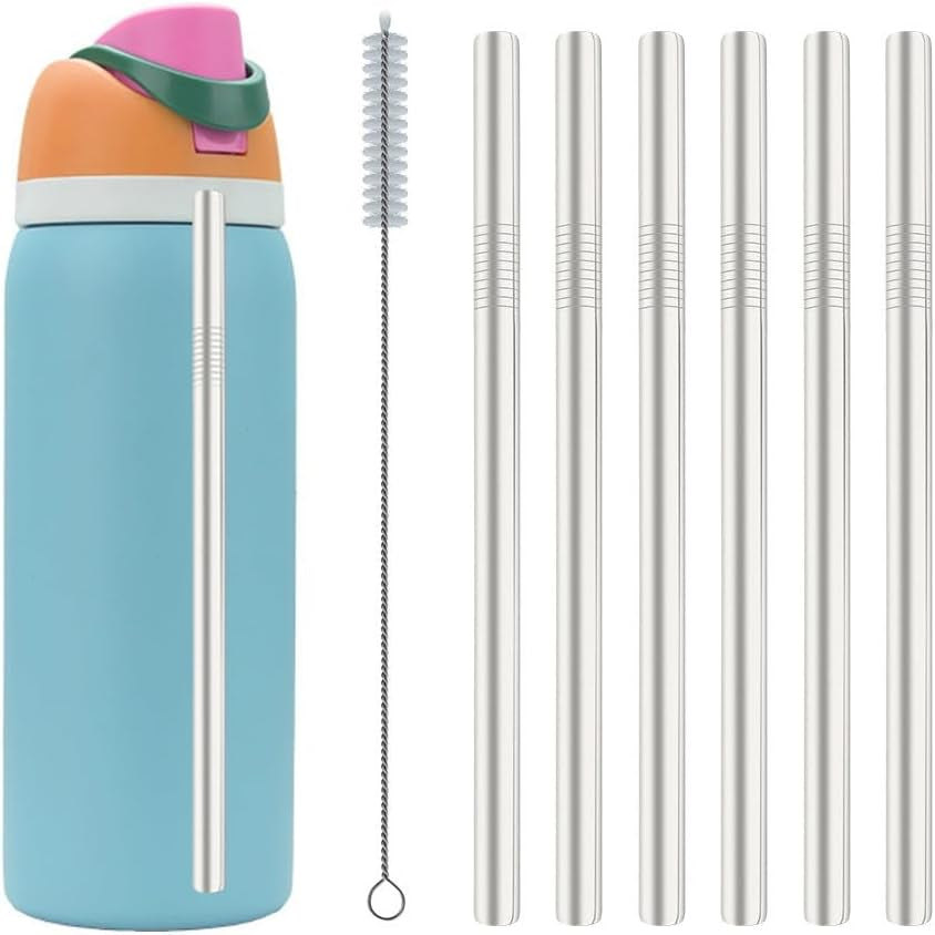 4PCS Reusable Stainless Steel Straws Compatible with Freesip Style Water Bottles, Fits 24Oz & 32Oz Insulated Bottles, Metal Drinking Straws with 2 Cleaning Brushes (21Cm Length)