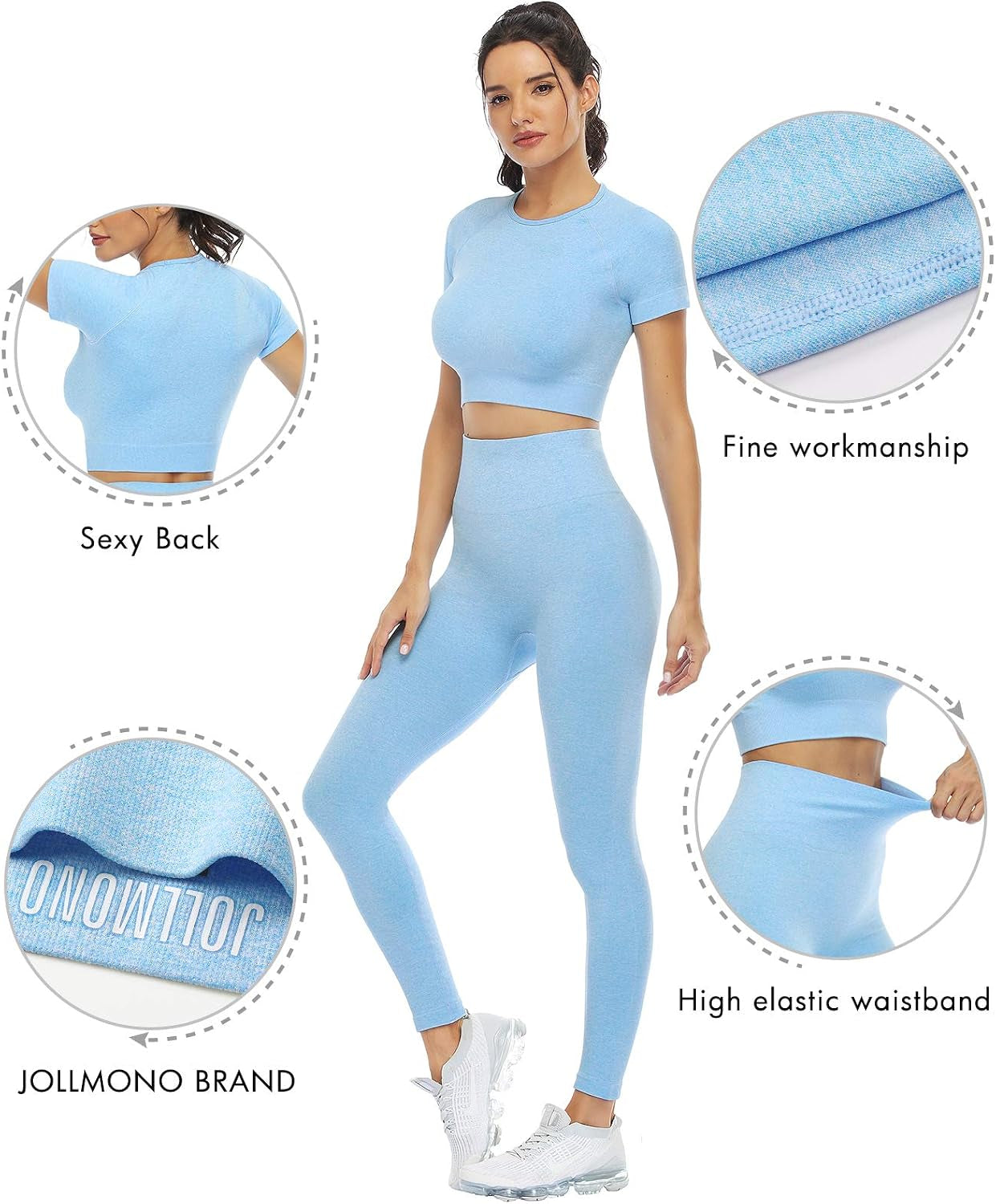 2 Piece Short Sleeve Outfits for Women Seamless Crop Tops Set for Women Workout Set