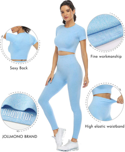 2 Piece Short Sleeve Outfits for Women Seamless Crop Tops Set for Women Workout Set