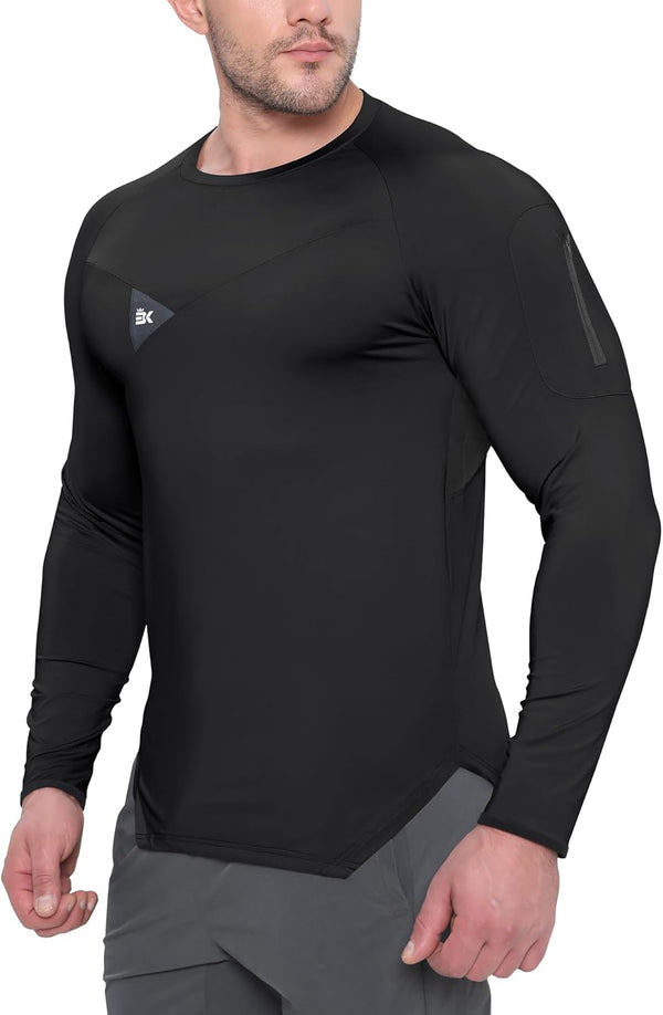 Mens Armzip Long Sleeve Gym Tshirts, Quick Dry Workout Compression Shirts Lightweight Running Sports Top with Zip Pocket
