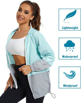 Women Casual Waterproof Outdoor Windbreaker Lightweight Packable Color Block Rain Jackets