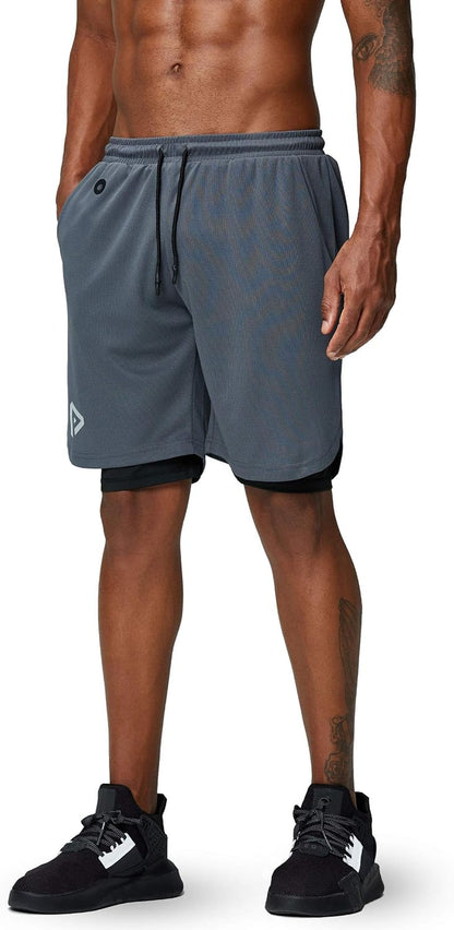 Men'S 2 in 1 Running Shorts Gym Workout Quick Dry Mens Shorts with Phone Pocket