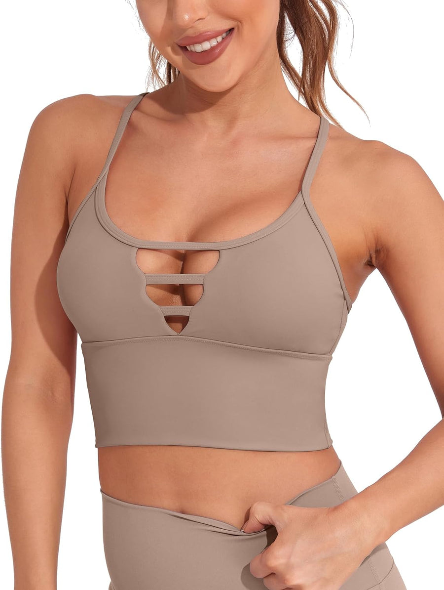 Longline Sports Bras for Women High Support Strappy Push up Workout Tops Built in Bra Padded Crop Yoga Tank Top