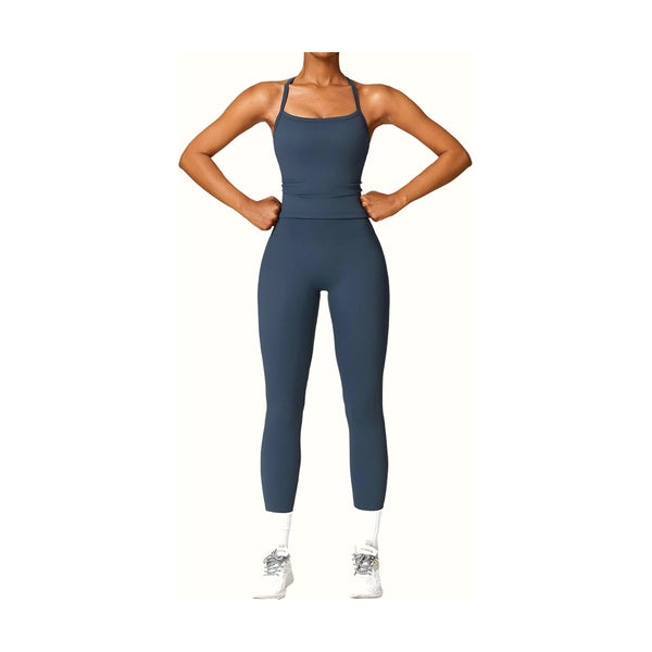 Womens Workout Sets Two Piece Cross Back Tank Top Matching High Waist Leggings Sets Gym Outfits Work Out Clothes