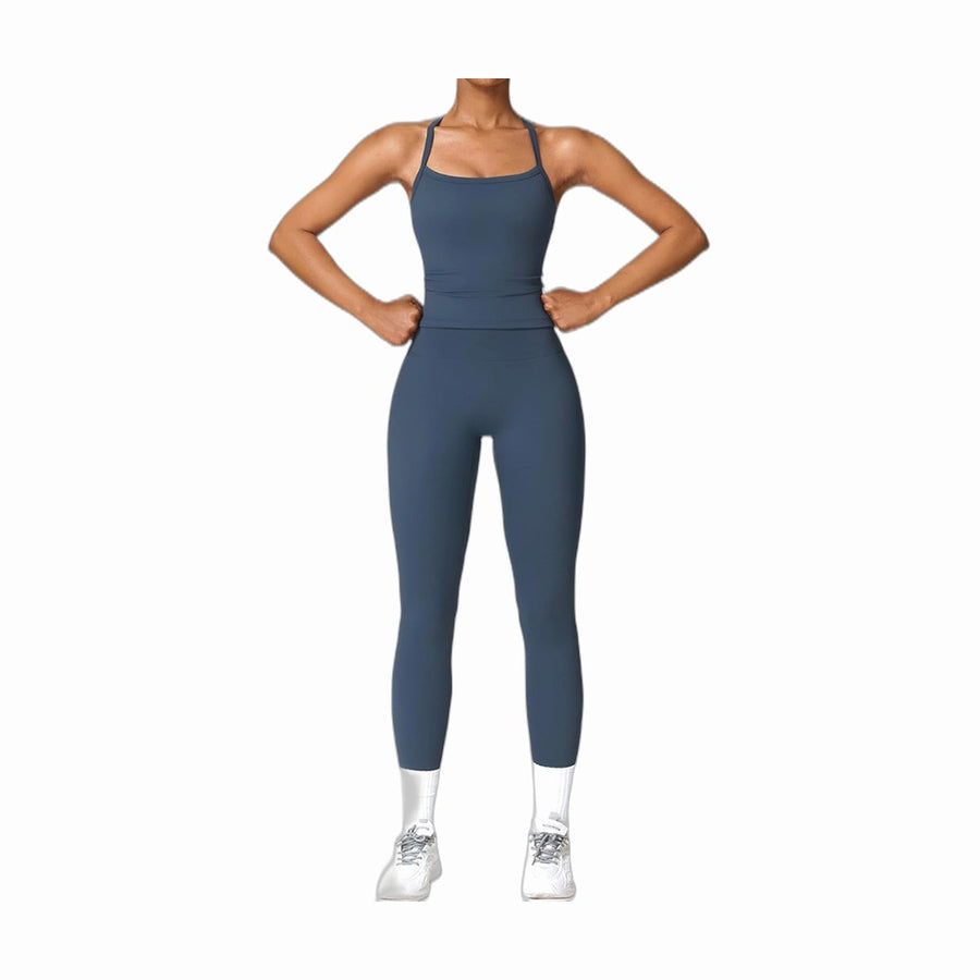 Womens Workout Sets Two Piece Cross Back Tank Top Matching High Waist Leggings Sets Gym Outfits Work Out Clothes